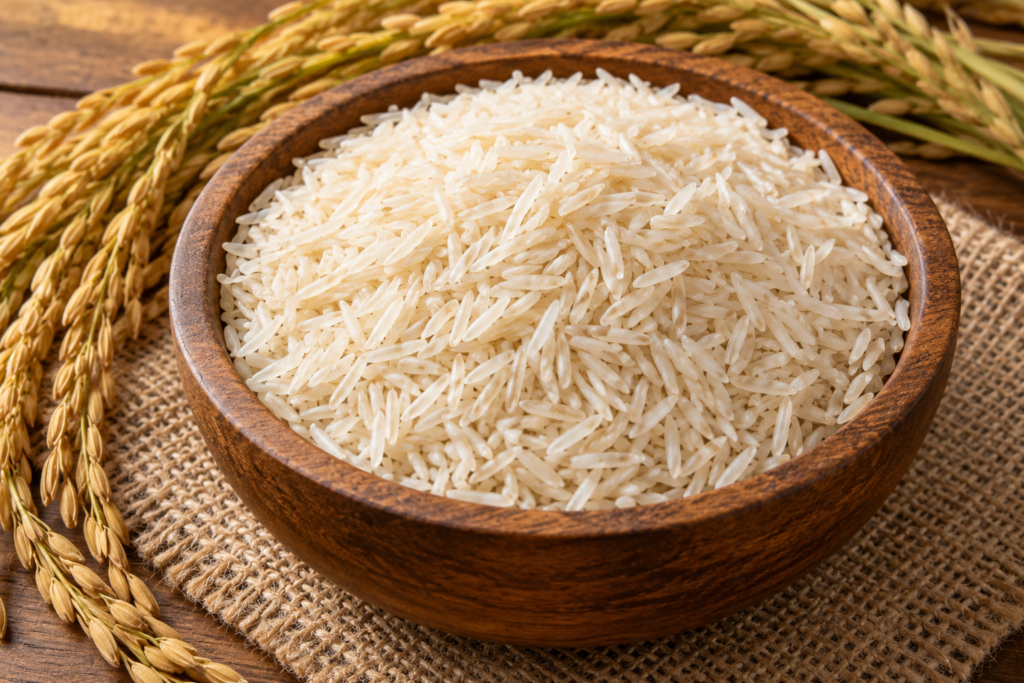 Long grain basmati rice in a wooden bowl