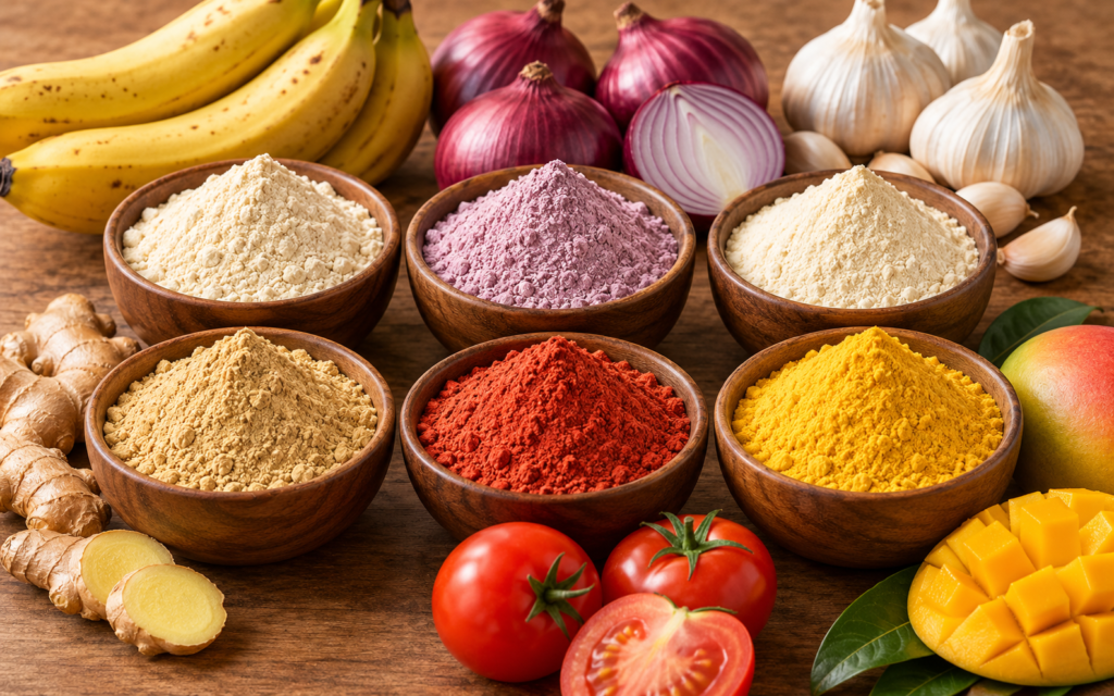 Six bowls of fruit and vegetable powders