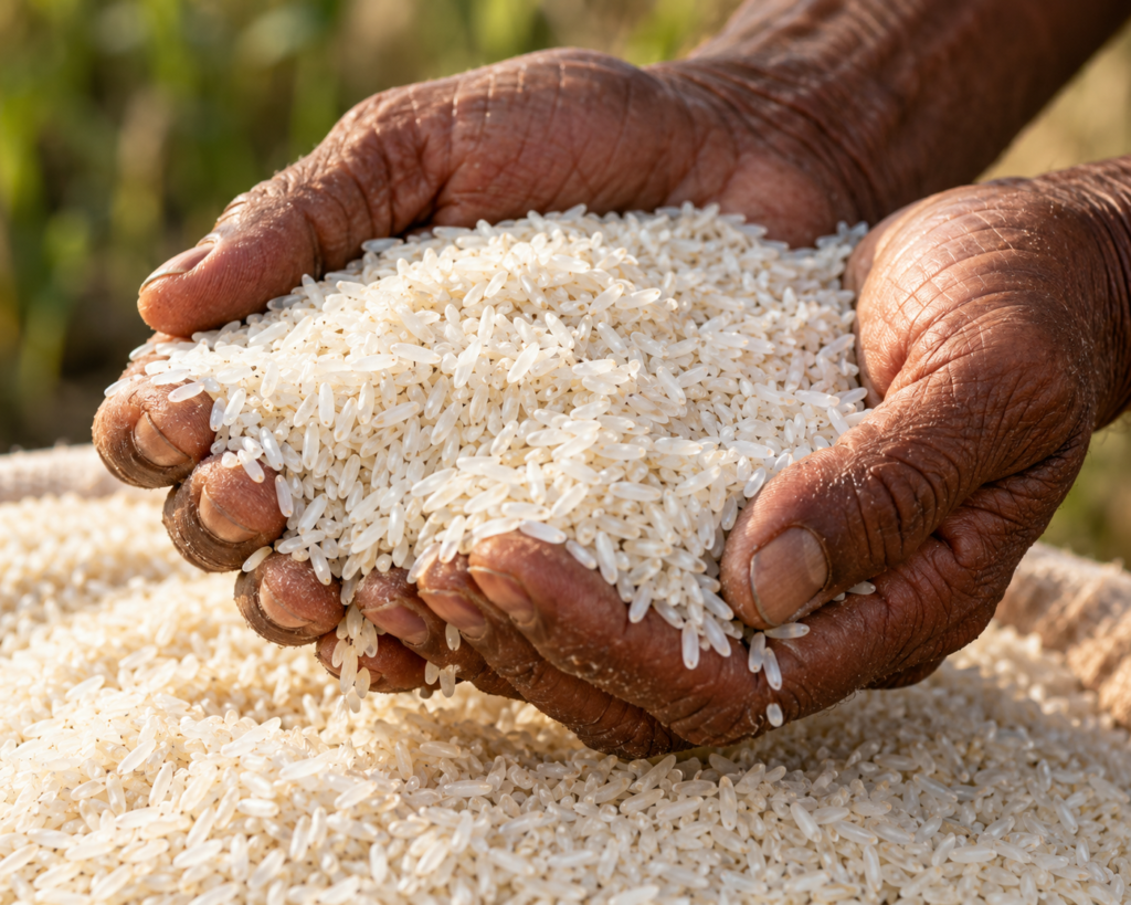 Farmer’s hands holding freshly harvested rice