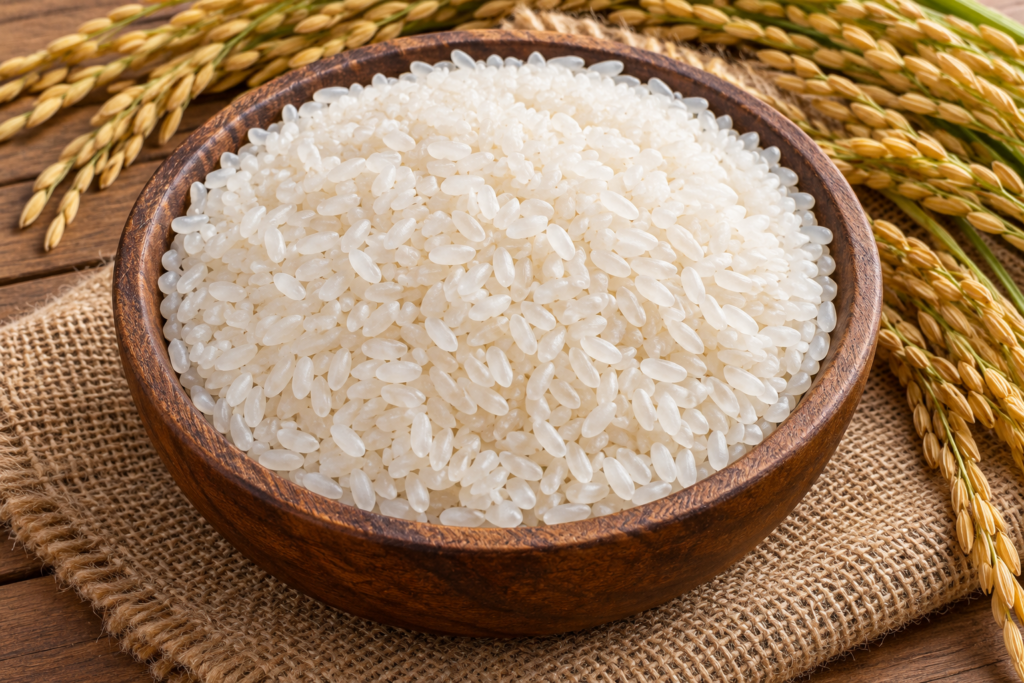 Short grain non-basmati rice in a wooden bowl