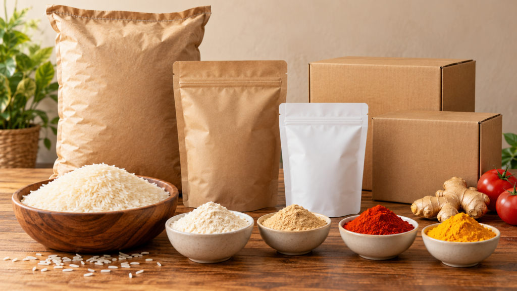 Kraft sacks, pouches and boxes with rice and dry powders